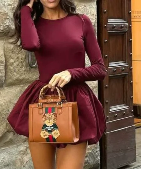 Titannorthamerica Chanel-Inspired Burgundy Long Sleeve Tutu Mini Dress