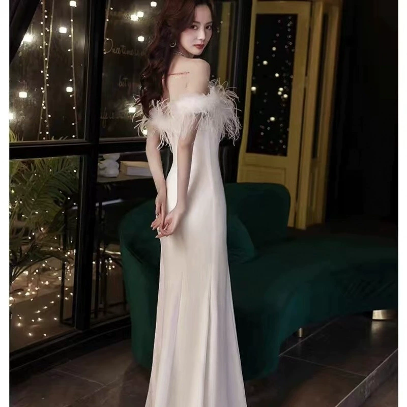 Titannorthamerica Luxury Feather Trim Off-Shoulder Dress for Women - Image 7