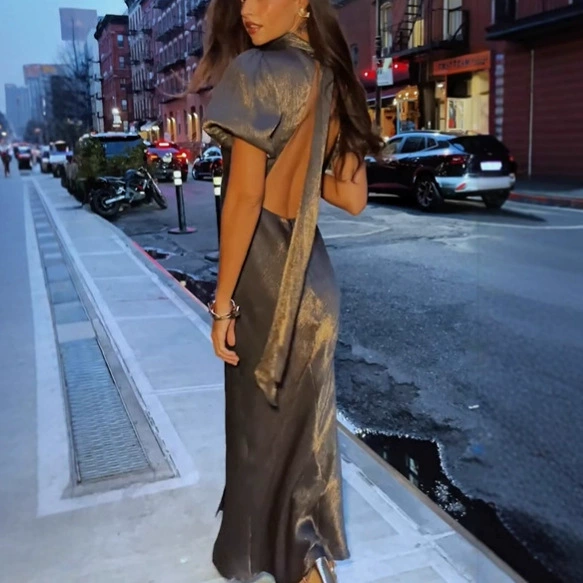 Titannorthamerica Women’s High-Waist Shimmer Long Dress – Short Sleeve, Backless Design - Image 4