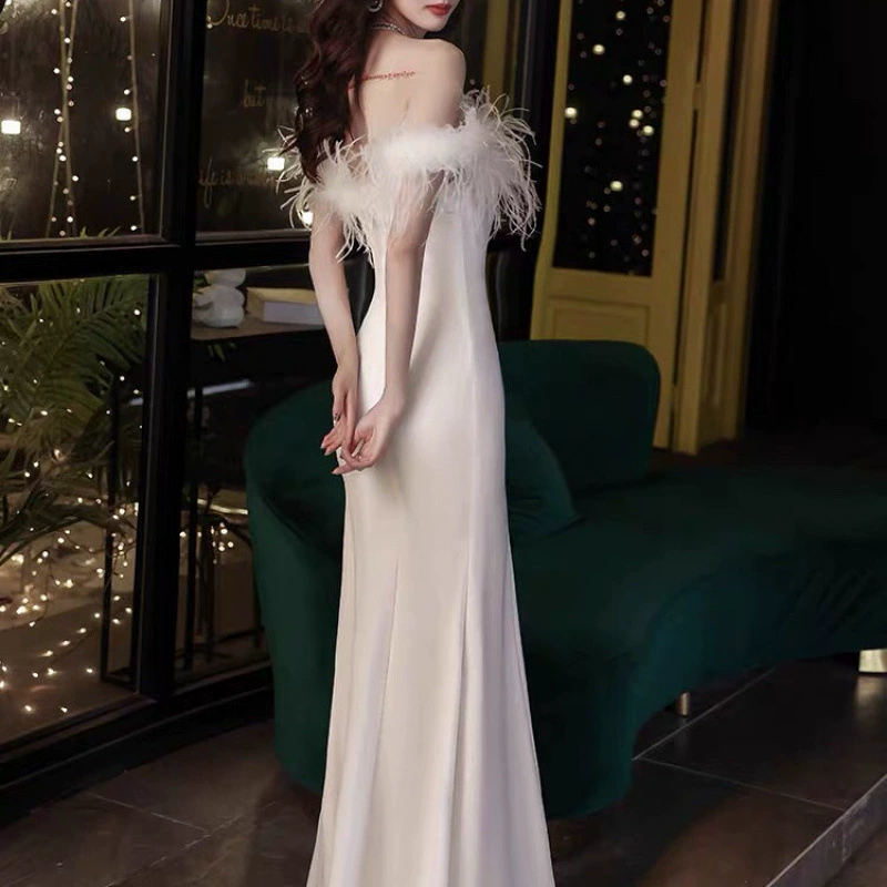 Titannorthamerica Luxury Feather Trim Off-Shoulder Dress for Women - Image 3