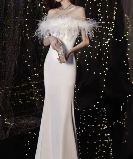 Alternative view of Titannorthamerica Luxury Feather Trim Off-Shoulder Dress for Women