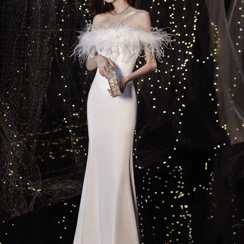 Titannorthamerica Luxury Feather Trim Off-Shoulder Dress for Women - Image 2