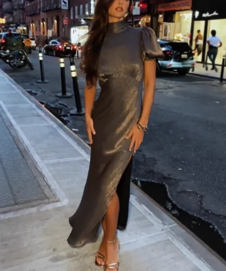 Alternative view of Titannorthamerica Women’s High-Waist Shimmer Long Dress – Short Sleeve, Backless Design