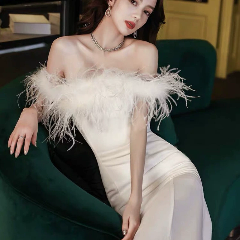Titannorthamerica Luxury Feather Trim Off-Shoulder Dress for Women - Image 4
