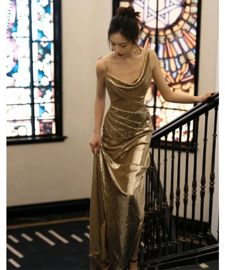 Titannorthamerica Elegant Metallic A-Line Evening Gown for Women
