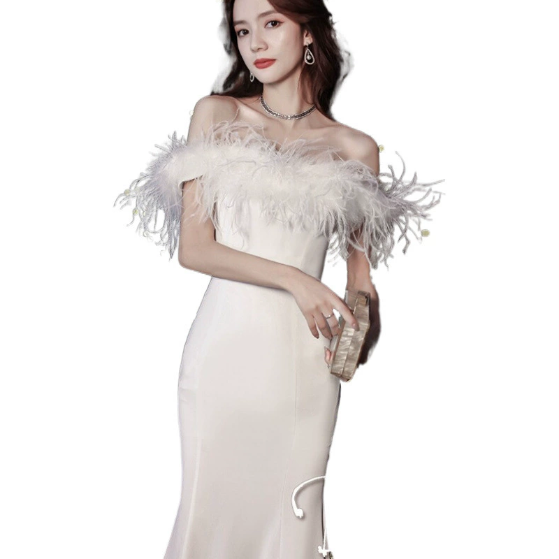 Titannorthamerica Luxury Feather Trim Off-Shoulder Dress for Women - Image 5