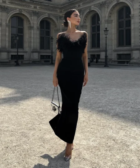 Titannorthamerica Luxury Off-Shoulder Feather Long Dress for Women