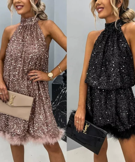 Titannorthamerica Elegant Sequin Halter Dress for Women