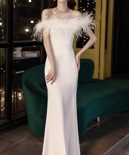 Titannorthamerica Luxury Feather Trim Off-Shoulder Dress for Women