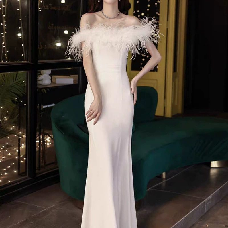 Titannorthamerica Luxury Feather Trim Off-Shoulder Dress for Women