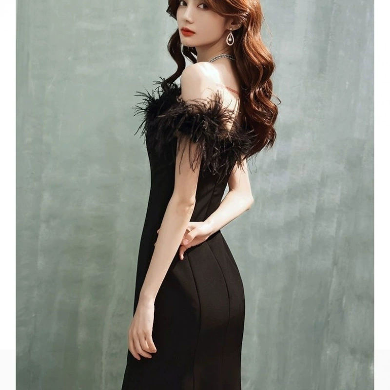 Titannorthamerica Luxury Feather Trim Off-Shoulder Dress for Women - Image 8