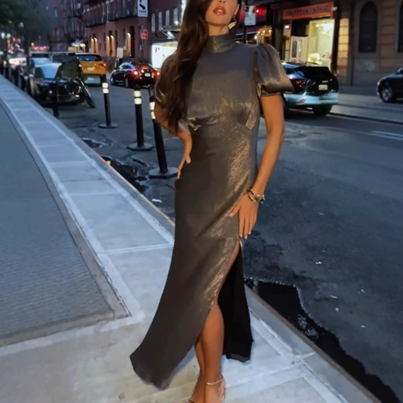 Titannorthamerica Women’s High-Waist Shimmer Long Dress – Short Sleeve, Backless Design - Image 3